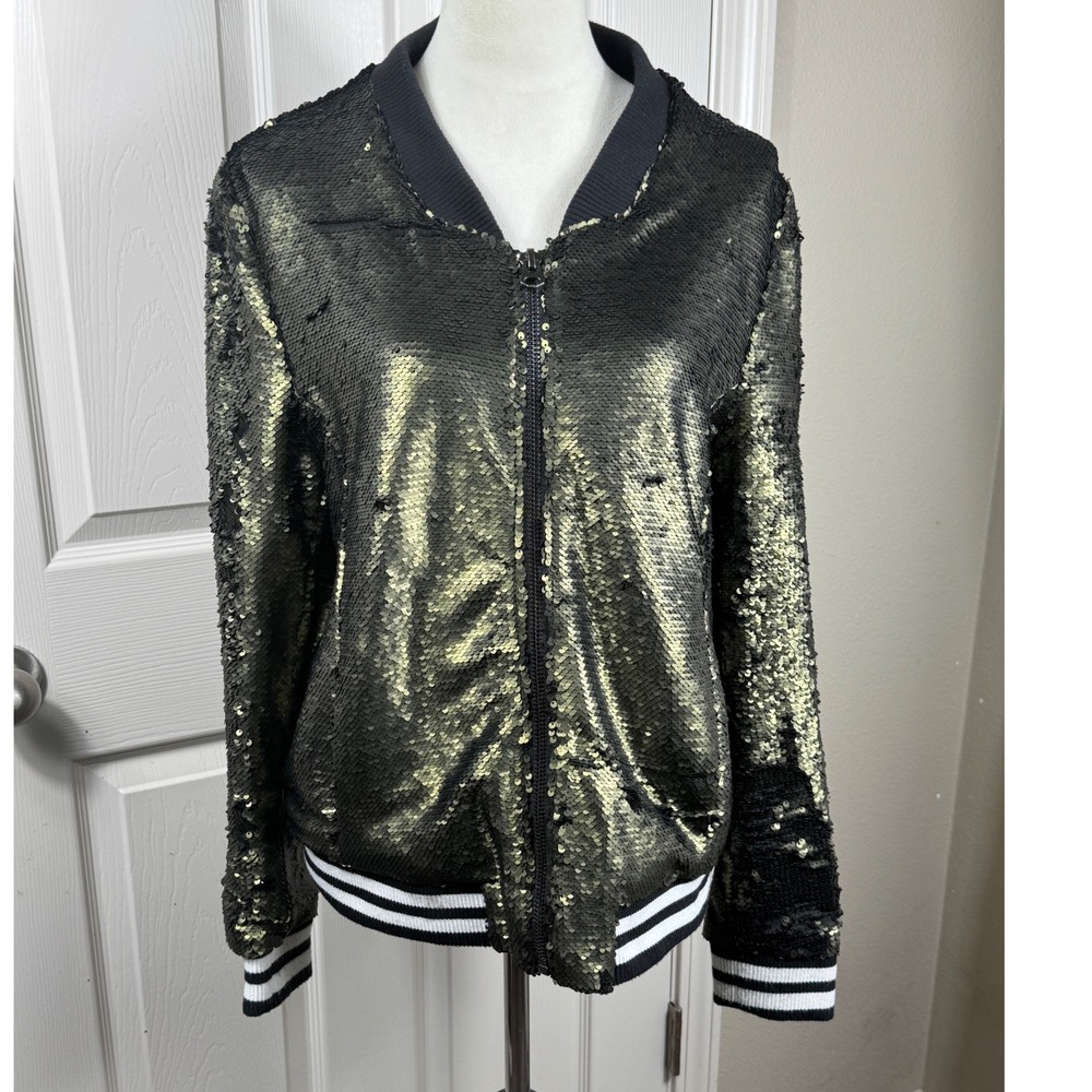 Dolce Cabo Women's‎ M Sequin Bomber Jacket Black Gold Embellished